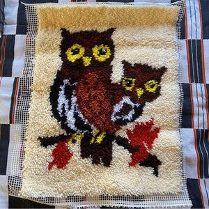 Vintage Latch Hook Owls Wall hanging. Large. Folk art. Textile art. Great shape!
